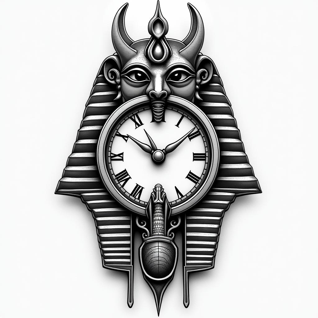 Broken clockin egyptian style tattoo, bold elements of ancient egyptian culture including a portrait of an Egyptian pharaoh with detailed facial features, in hieroglyphs and symbolic imagery, eye of horus, ankh symbol, scarab beetle - Variation 3