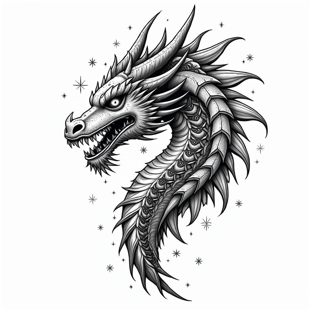 Lightweight Dragon battle
armorin prophecy tattoo style, featuring mystical symbols, celestial imagery like stars, moons, suns, geometric patterns, foretelling elements, an eye of wisdom