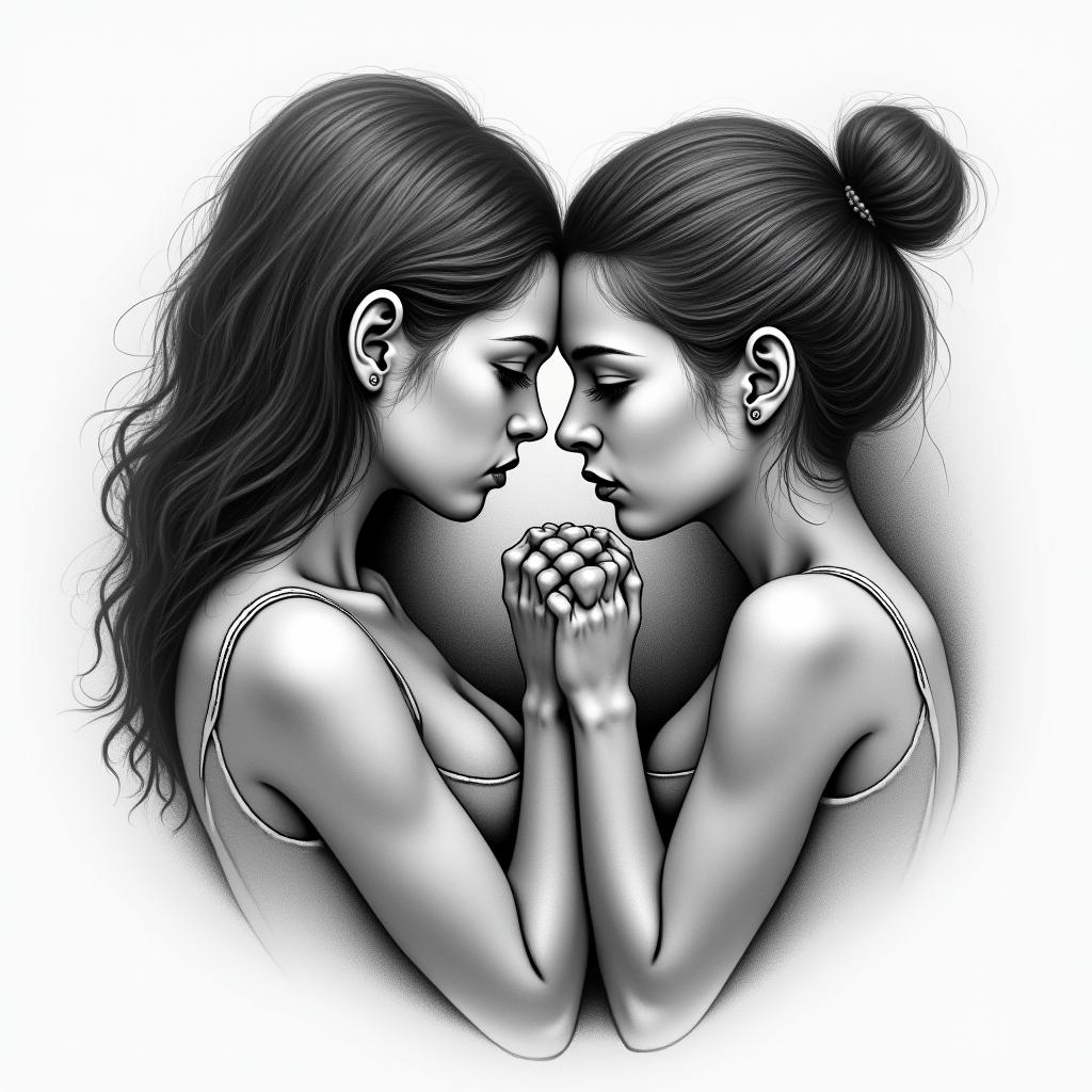 2 Sisters holding hands one alive one deceasedin portrait tattoo style, featuring a highly realistic and detailed depiction  - Variation 3