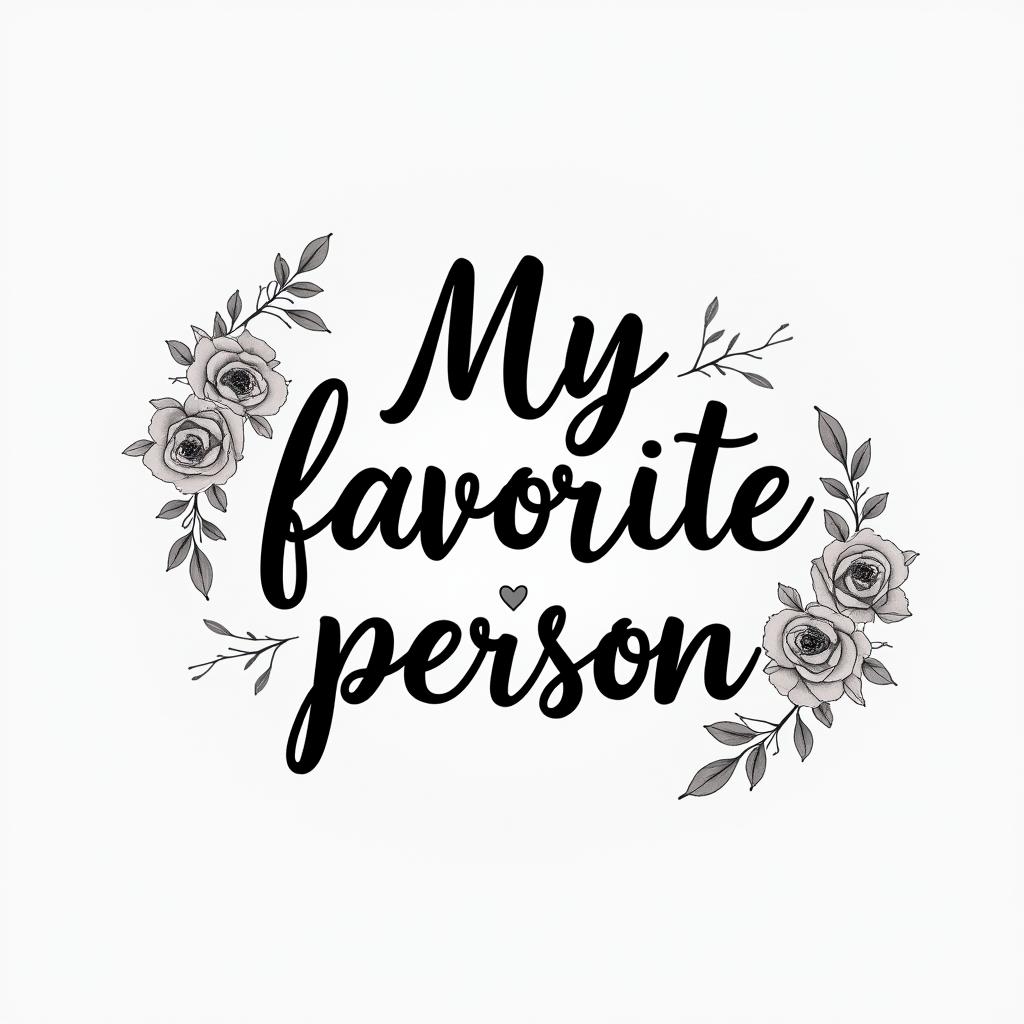 “My favorite person”in elegant cursive calligraphy style 2d tattoo, decorate with roses, featuring a smooth and flowing handwritten script with slightly thickened strokes for a luxurious and bold appearance,  heart symbol between names,  sleek and glossy black text with shadowing, minimalist matte white background, clean and sharp edges, illuminated with soft lighting, romantic, 8k, high-quality textures with refined typography - Variation 2