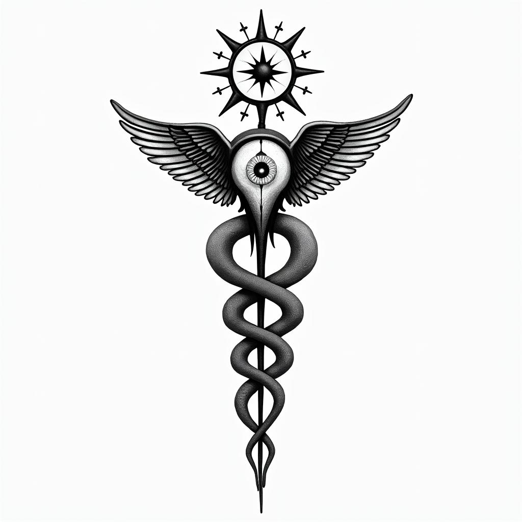 Virgoin spiritual symbols tattoo style, featuring an intricate design incorporating elements, Hamsa hand, third eye, minimalist composition