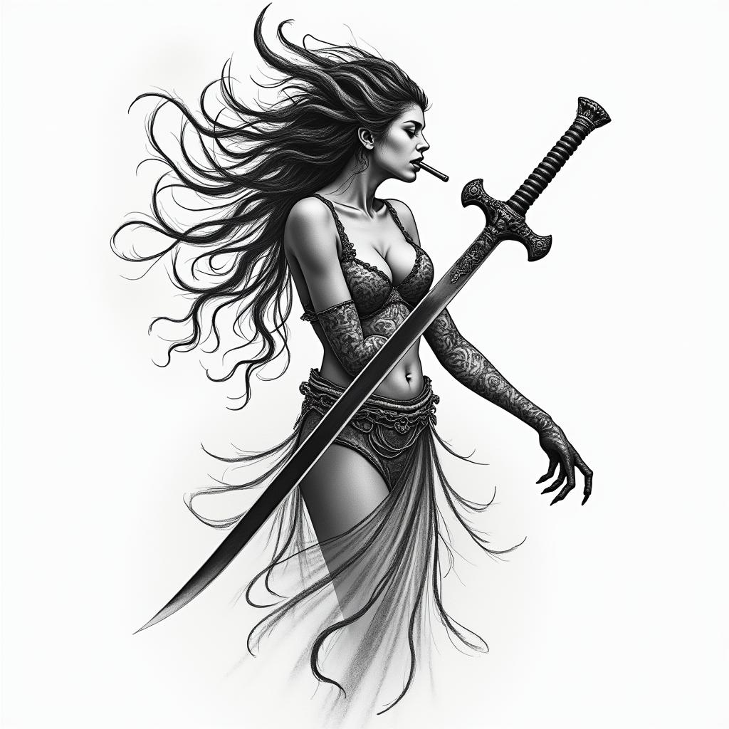 Goddess changing into a demon while licking a swordin japanese style tattoo, detailed tattoo, traditional japanese culture tattoo, mythology, 8k