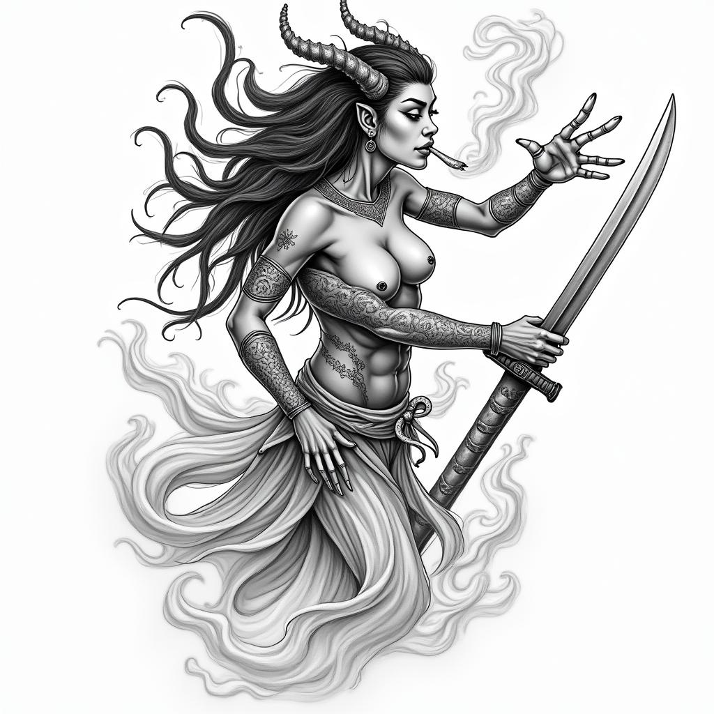 Goddess changing into a demon while licking a swordin japanese style tattoo, detailed tattoo, traditional japanese culture tattoo, mythology, 8k - Variation 4
