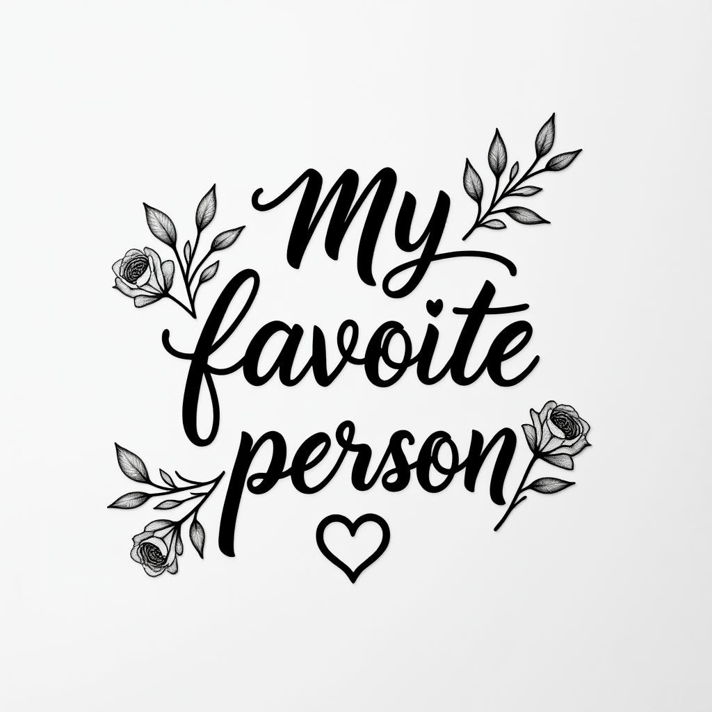“My favorite person”in elegant cursive calligraphy style 2d tattoo, decorate with roses, featuring a smooth and flowing handwritten script with slightly thickened strokes for a luxurious and bold appearance,  heart symbol between names,  sleek and glossy black text with shadowing, minimalist matte white background, clean and sharp edges, illuminated with soft lighting, romantic, 8k, high-quality textures with refined typography - Variation 3