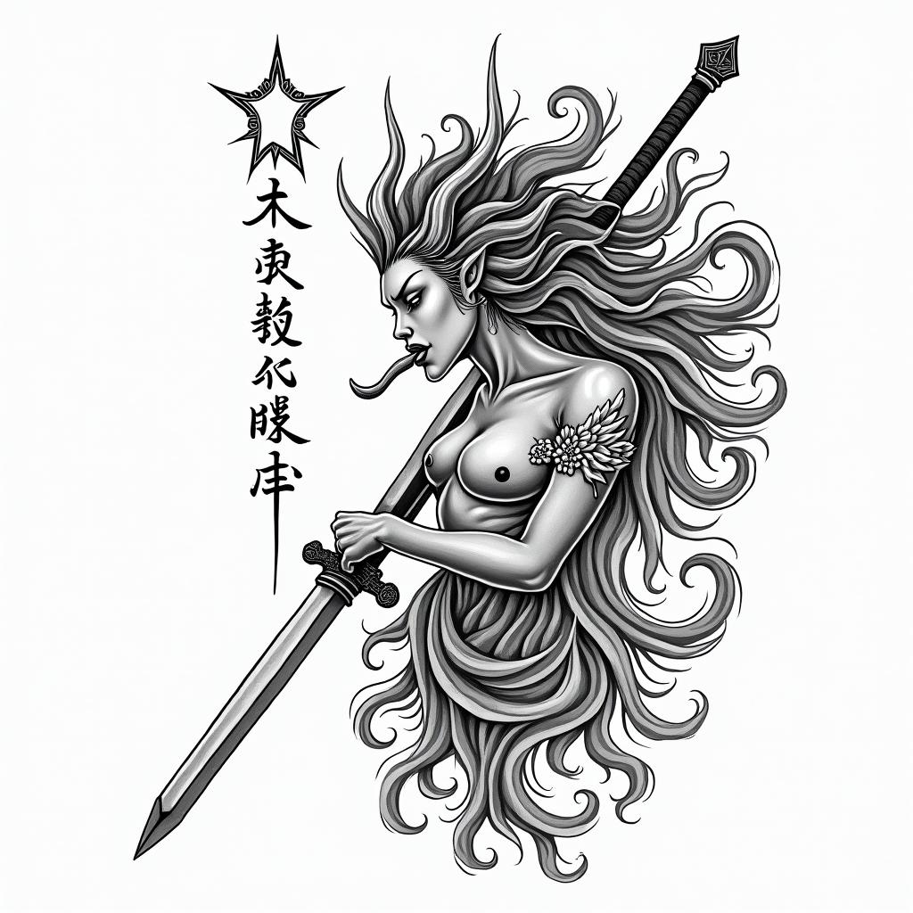 Goddess changing into a demon while licking a swordin japanese style tattoo, detailed tattoo, traditional japanese culture tattoo, mythology, 8k - Variation 3