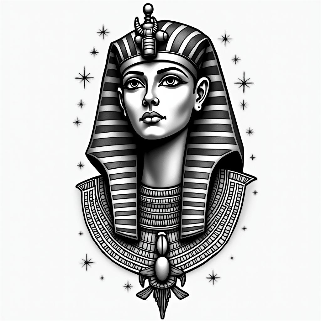 Rochel Libra Fayettevillein egyptian style tattoo, bold elements of ancient egyptian culture including a portrait of an Egyptian pharaoh with detailed facial features, in hieroglyphs and symbolic imagery, eye of horus, ankh symbol, scarab beetle - Variation 2