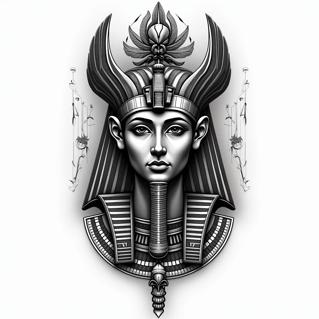 Rochel Libra Fayettevillein egyptian style tattoo, bold elements of ancient egyptian culture including a portrait of an Egyptian pharaoh with detailed facial features, in hieroglyphs and symbolic imagery, eye of horus, ankh symbol, scarab beetle
