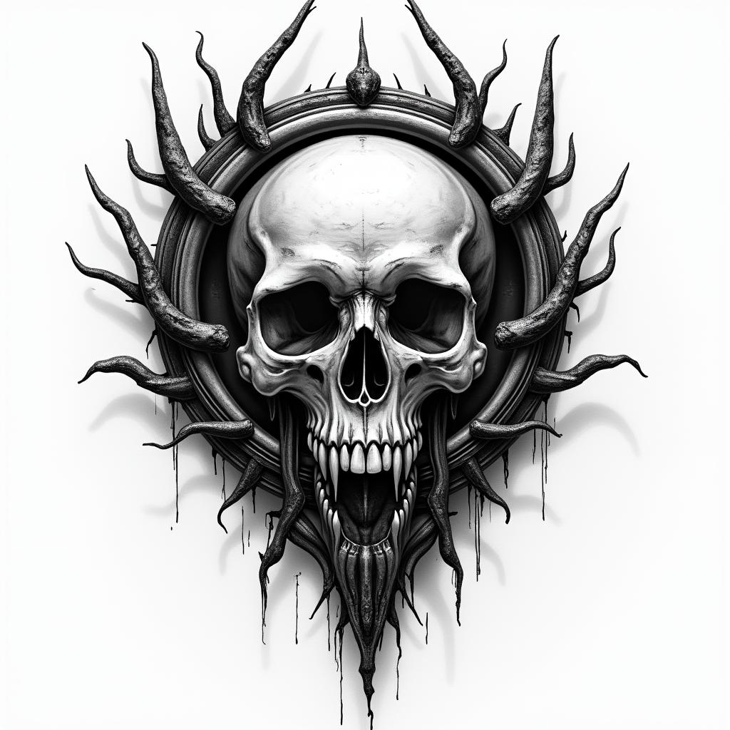 Broken clock in horror tattoo style, showcasing haunting and unsettling, dark and gritty textures with skulls, eerie faces, jgged designs, bold and intense shading - Variation 2