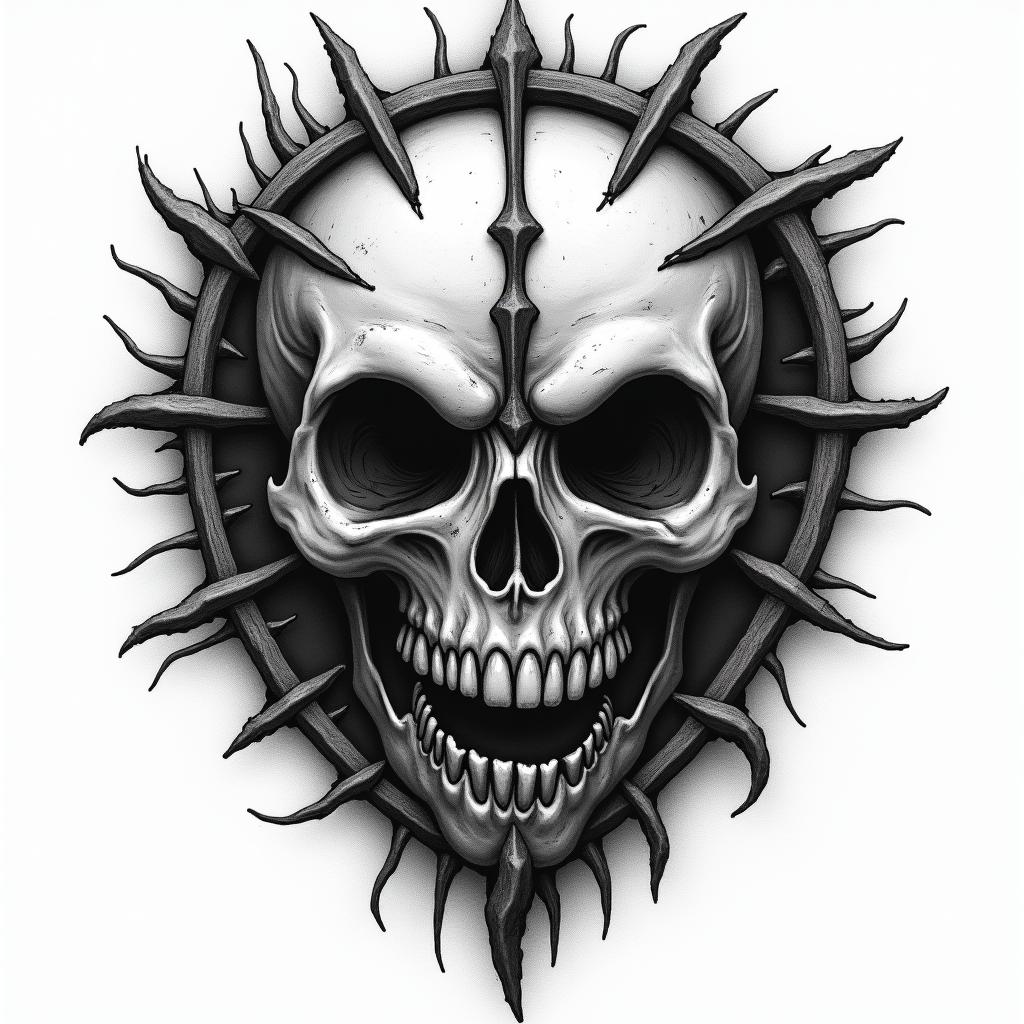 Broken clock in horror tattoo style, showcasing haunting and unsettling, dark and gritty textures with skulls, eerie faces, jgged designs, bold and intense shading - Variation 4