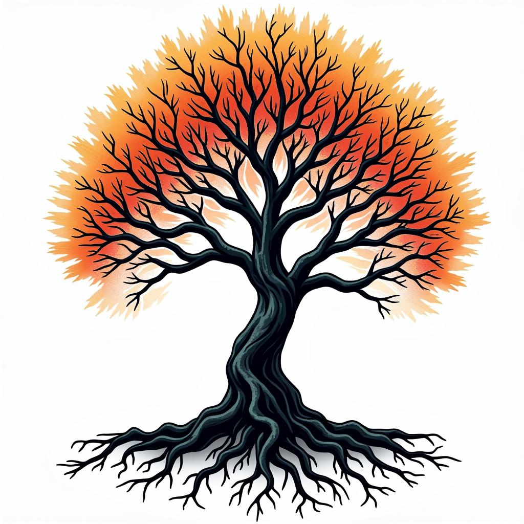 Tree of life with roots and branchesin pop art style tattoo, featuring bold and vibrant colors, exaggerated outlines, iconic imagery, inspired by comic books and speech bubbles, comic book characters, retro pop culture