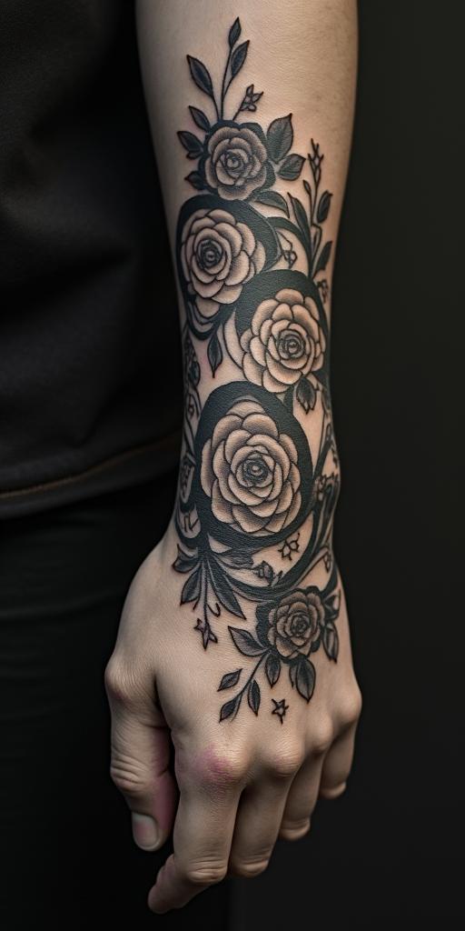 Victorian worrierin victorian style tattoo, featuring vintage and elegant elements, ornate frames, roses, antique, sepia-toned color scheme - Variation 3