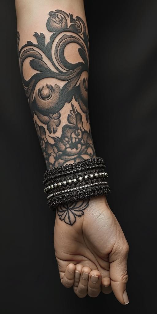 Victorian worrierin victorian style tattoo, featuring vintage and elegant elements, ornate frames, roses, antique, sepia-toned color scheme - Variation 4