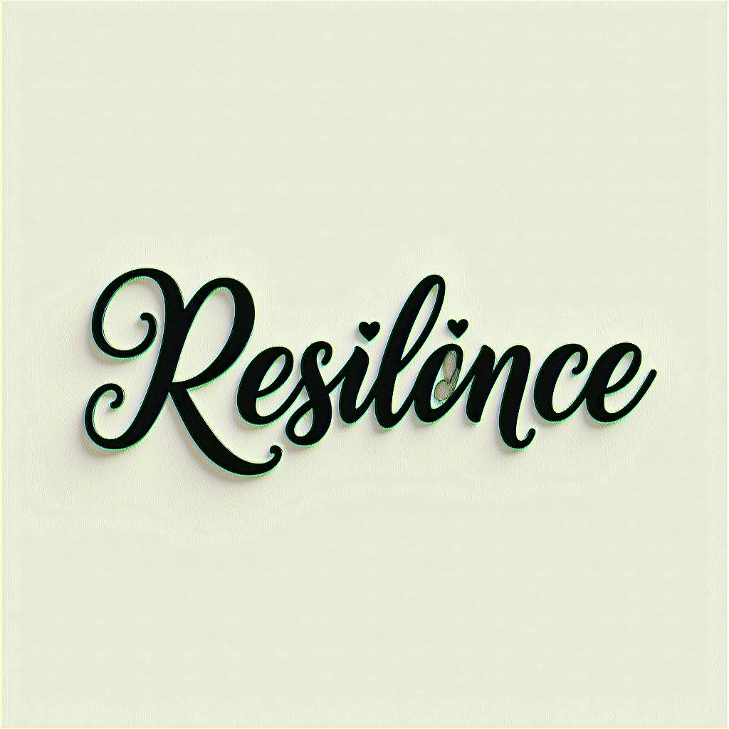 Resiliencein elegant cursive calligraphy style 2d tattoo, decorate with roses, featuring a smooth and flowing handwritten script with slightly thickened strokes for a luxurious and bold appearance, heart symbol between names, sleek and glossy black text with shadowing, minimalist matte white background, clean and sharp edges, illuminated with soft lighting, romantic, 8k, high-quality textures with refined typography - Variation 3