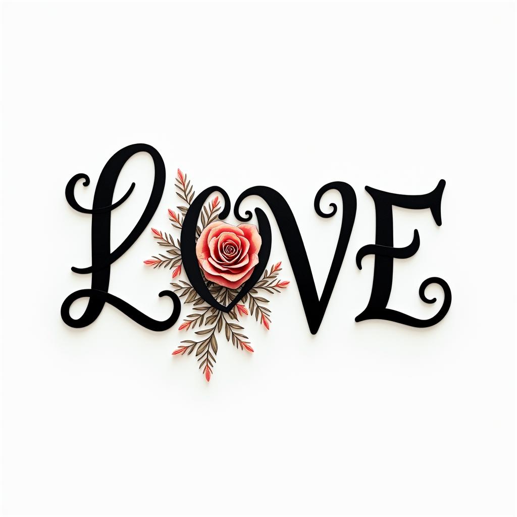 Resiliencein elegant cursive calligraphy style 2d tattoo, decorate with roses, featuring a smooth and flowing handwritten script with slightly thickened strokes for a luxurious and bold appearance, heart symbol between names, sleek and glossy black text with shadowing, minimalist matte white background, clean and sharp edges, illuminated with soft lighting, romantic, 8k, high-quality textures with refined typography - Variation 2