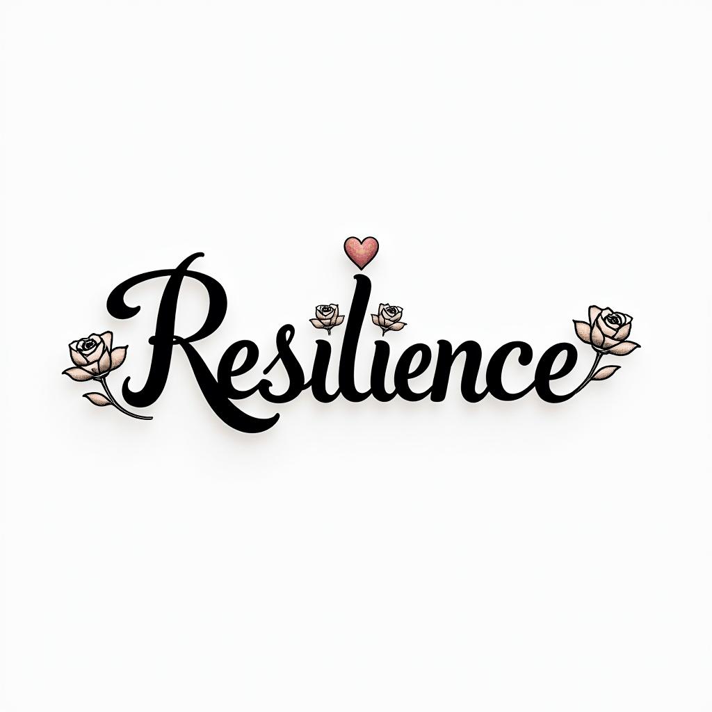 Resiliencein elegant cursive calligraphy style 2d tattoo, decorate with roses, featuring a smooth and flowing handwritten script with slightly thickened strokes for a luxurious and bold appearance, heart symbol between names, sleek and glossy black text with shadowing, minimalist matte white background, clean and sharp edges, illuminated with soft lighting, romantic, 8k, high-quality textures with refined typography