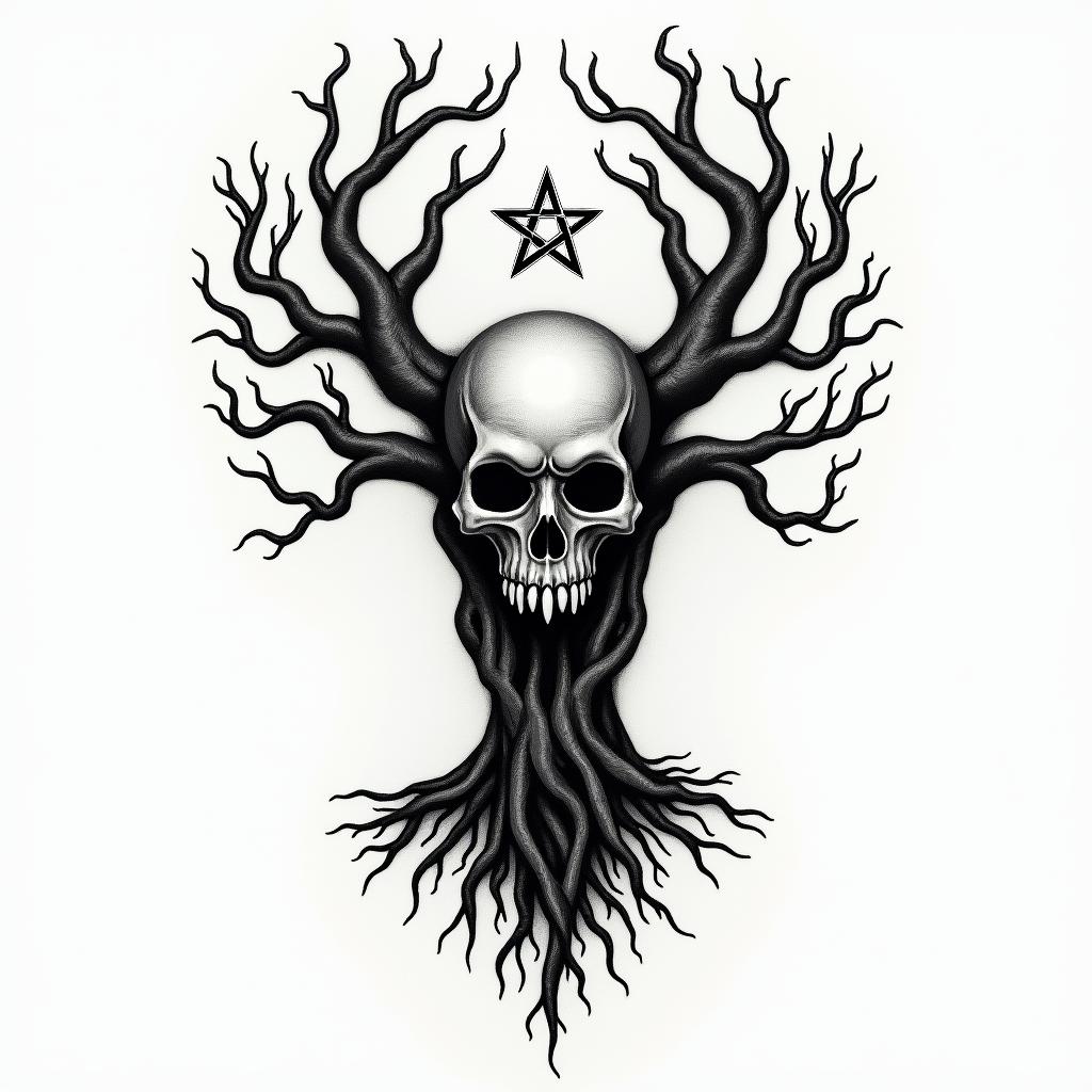 Tree of life with roots and branchescreepy horror tattoo style, featuring an eerie and unsettling skull of a demonic creature, distorted face with sharp fangs, add pentagram symbol - Variation 4
