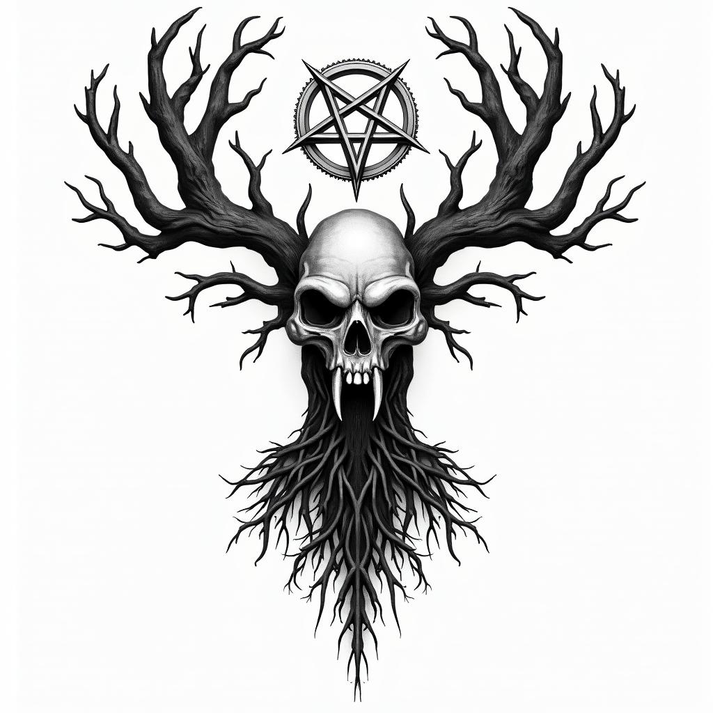 Tree of life with roots and branchescreepy horror tattoo style, featuring an eerie and unsettling skull of a demonic creature, distorted face with sharp fangs, add pentagram symbol - Variation 3