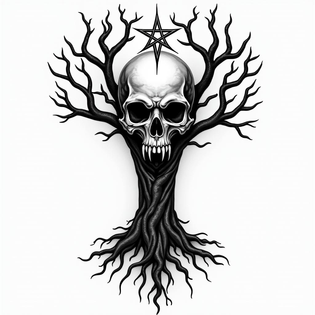 Tree of life with roots and branchescreepy horror tattoo style, featuring an eerie and unsettling skull of a demonic creature, distorted face with sharp fangs, add pentagram symbol