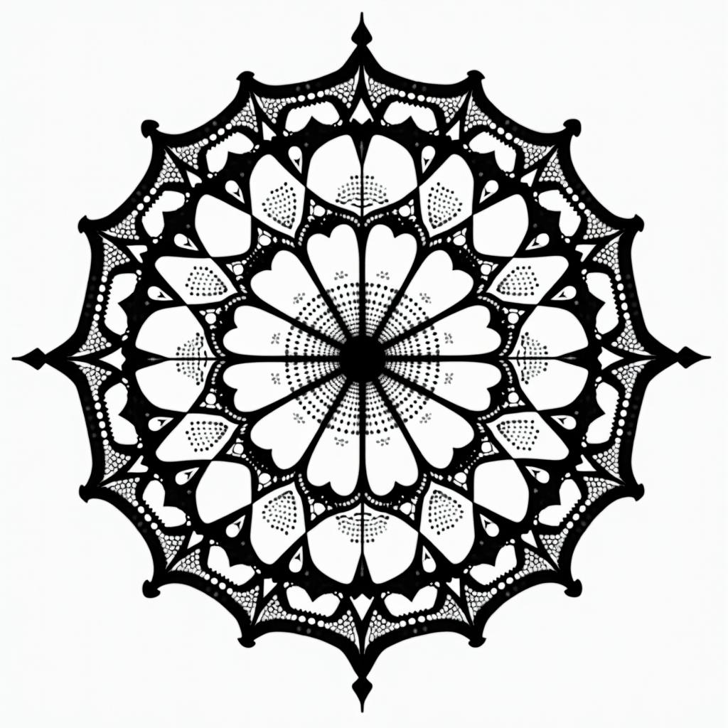 Broken clockin dotwork style tattoo, complex mandala patterns, interlocking geometric shapes with sharp symmetry, clean lines, sharp angles - Variation 2