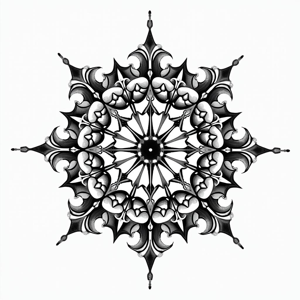 Broken clockin dotwork style tattoo, complex mandala patterns, interlocking geometric shapes with sharp symmetry, clean lines, sharp angles
