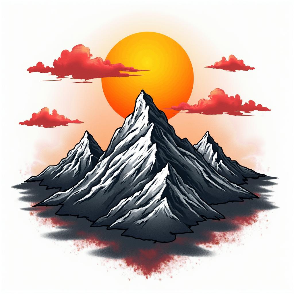 Mountain range with a rising sunin pop art style tattoo, featuring bold and vibrant colors, exaggerated outlines, iconic imagery, inspired by comic books and speech bubbles, comic book characters, retro pop culture