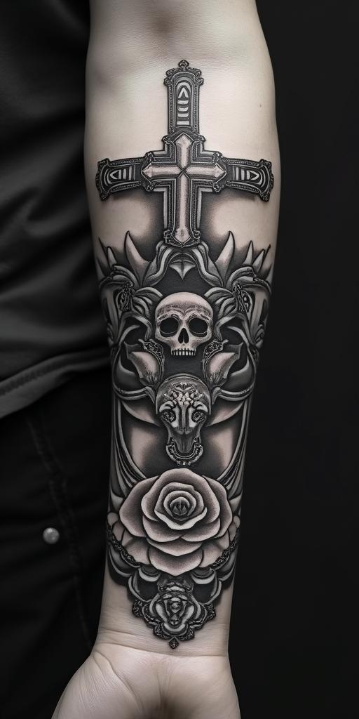 Victorian worrierin chicano style tattoo, featuring intricate black and grey shading, bold elements of traditional chicano culture symbols, add a big cross with skull, chains and roses - Variation 3