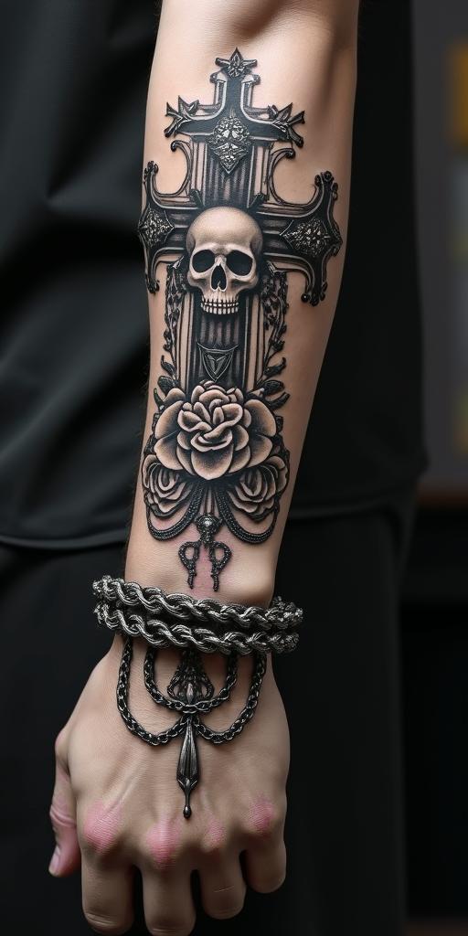 Victorian worrierin chicano style tattoo, featuring intricate black and grey shading, bold elements of traditional chicano culture symbols, add a big cross with skull, chains and roses - Variation 4