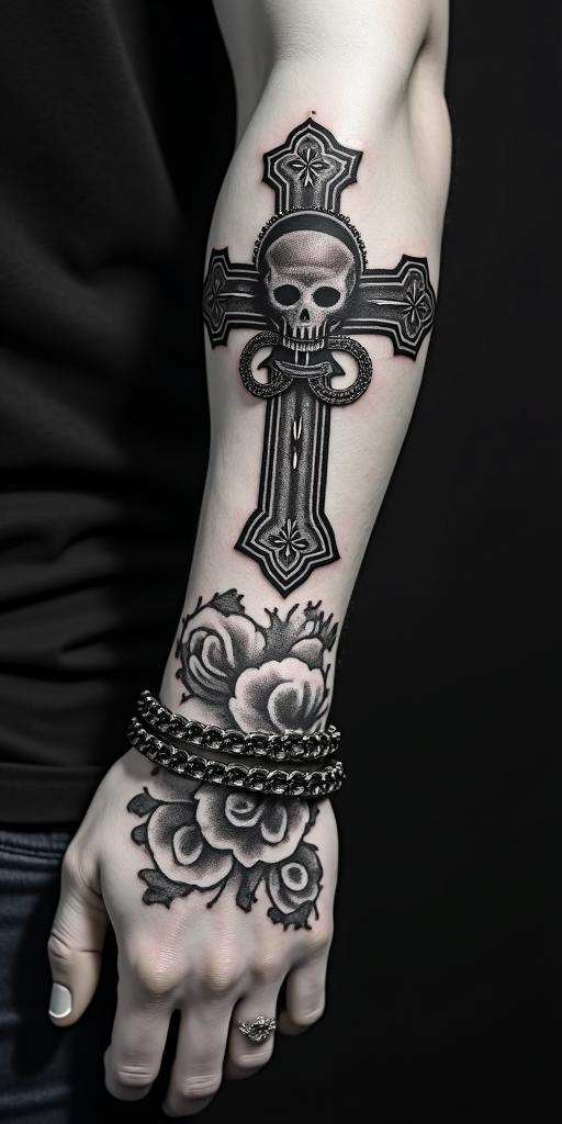 Victorian worrierin chicano style tattoo, featuring intricate black and grey shading, bold elements of traditional chicano culture symbols, add a big cross with skull, chains and roses