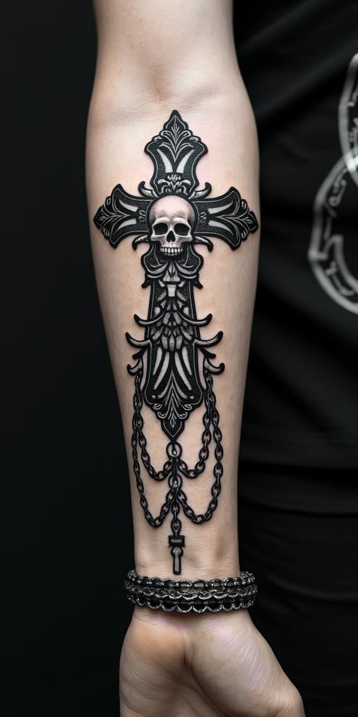 Victorian worrierin chicano style tattoo, featuring intricate black and grey shading, bold elements of traditional chicano culture symbols, add a big cross with skull, chains and roses - Variation 2