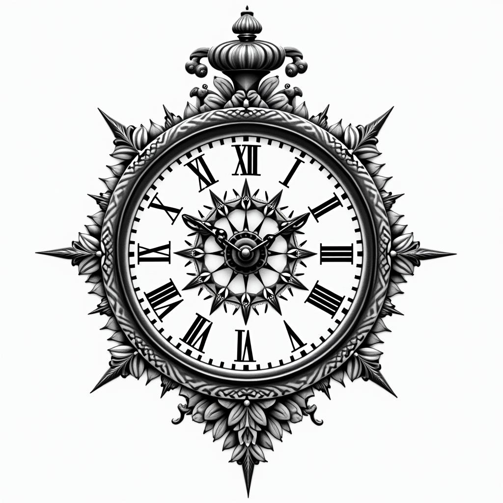 Broken clockin ornamental tattoo style, featuring intricate symmetrical patterns and floral designs, showcasing highly detailed line work and geometric shapes, creating a sense of elegance and balance - Variation 4
