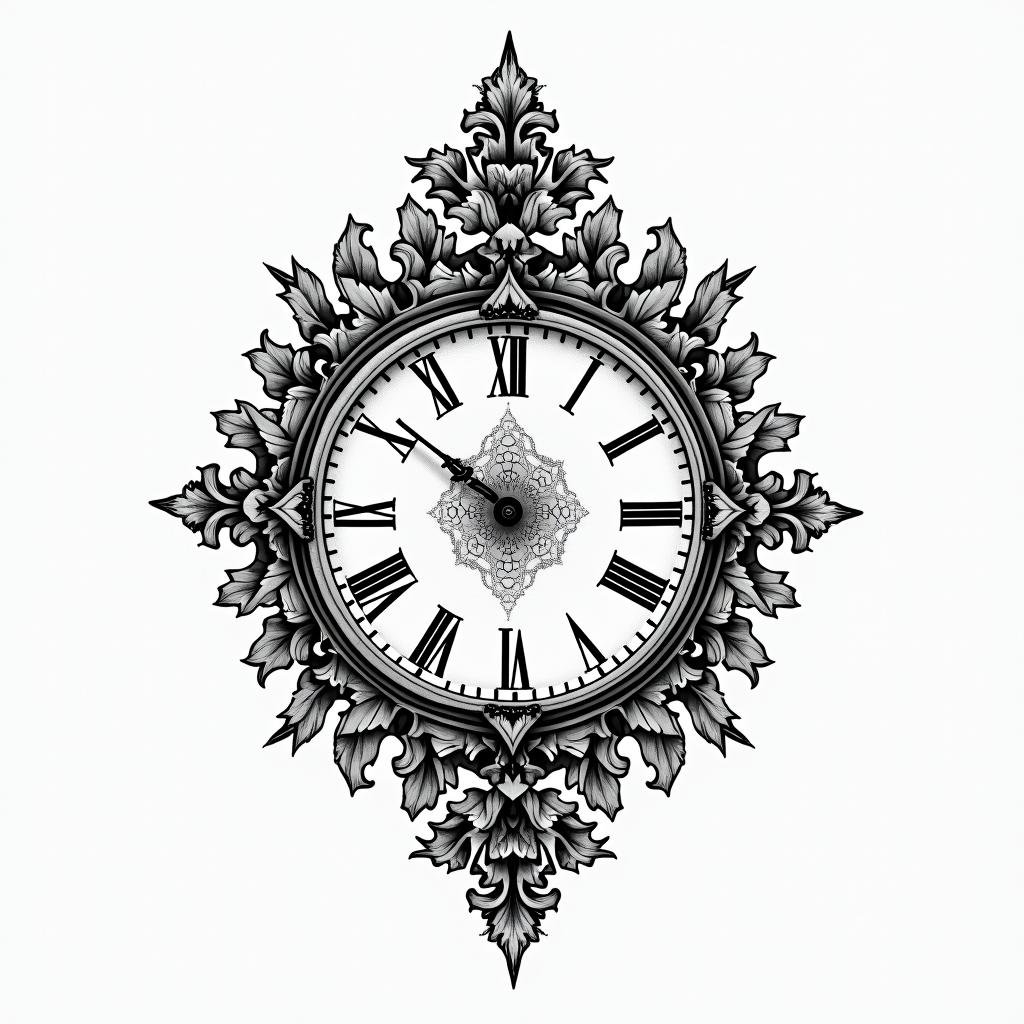 Broken clockin ornamental tattoo style, featuring intricate symmetrical patterns and floral designs, showcasing highly detailed line work and geometric shapes, creating a sense of elegance and balance