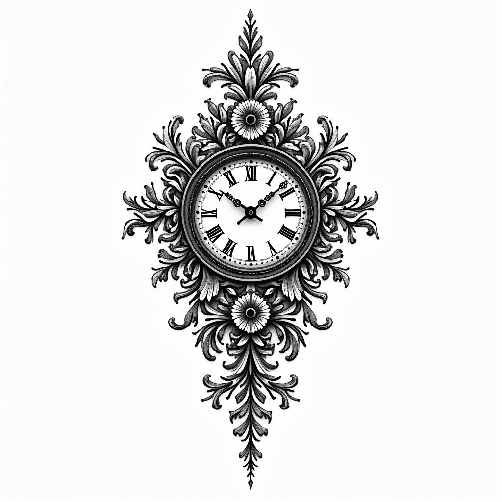 Broken clockin ornamental tattoo style, featuring intricate symmetrical patterns and floral designs, showcasing highly detailed line work and geometric shapes, creating a sense of elegance and balance - Variation 2