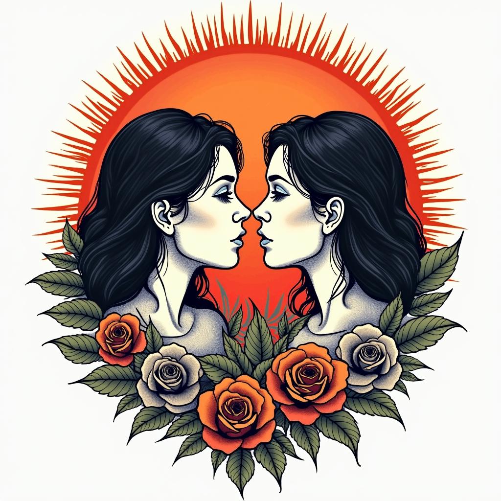 Solar eclipse, love, foreverin pop art style tattoo, featuring bold and vibrant colors, exaggerated outlines, iconic imagery, inspired by comic books and speech bubbles, comic book characters, retro pop culture - Variation 4