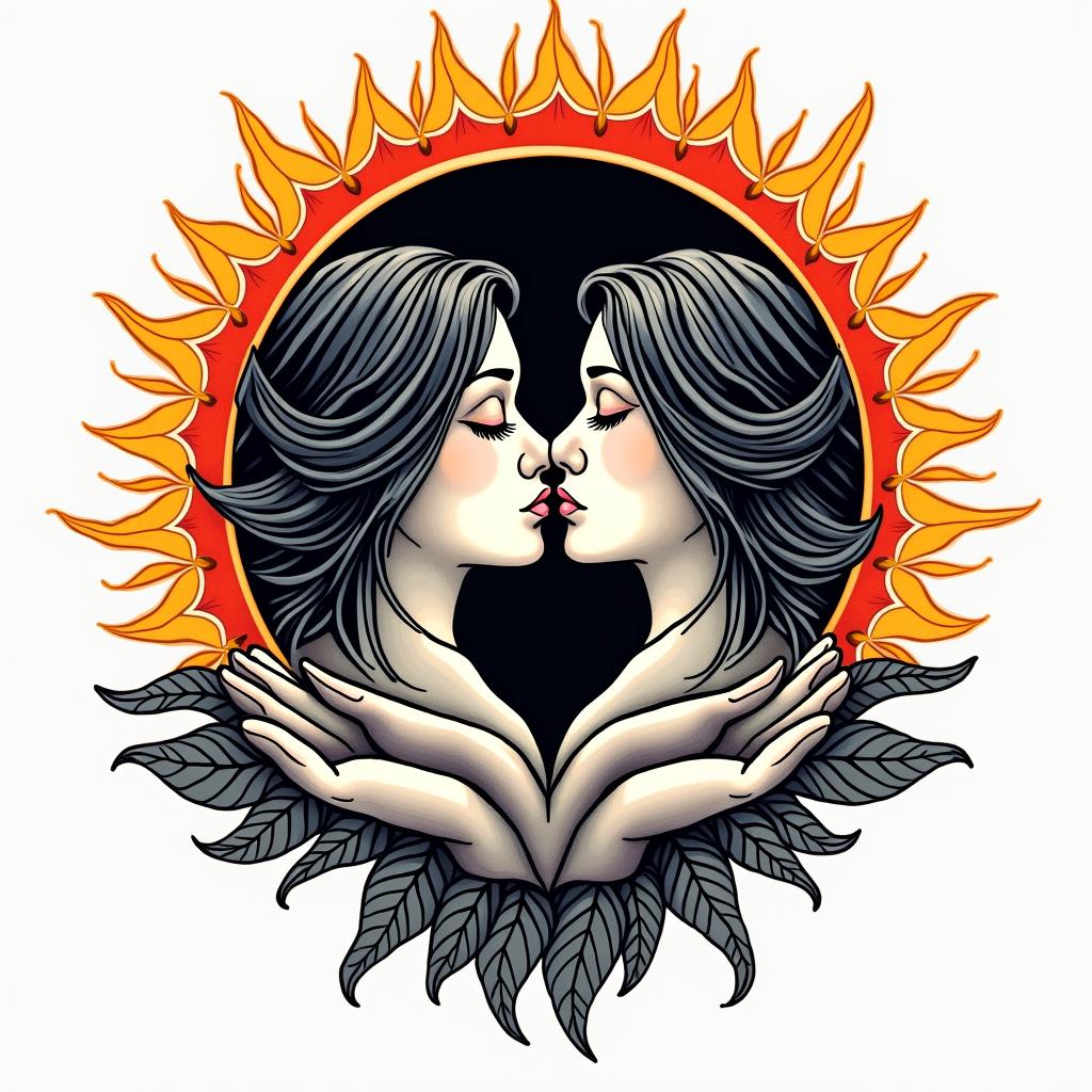 Solar eclipse, love, foreverin pop art style tattoo, featuring bold and vibrant colors, exaggerated outlines, iconic imagery, inspired by comic books and speech bubbles, comic book characters, retro pop culture - Variation 3