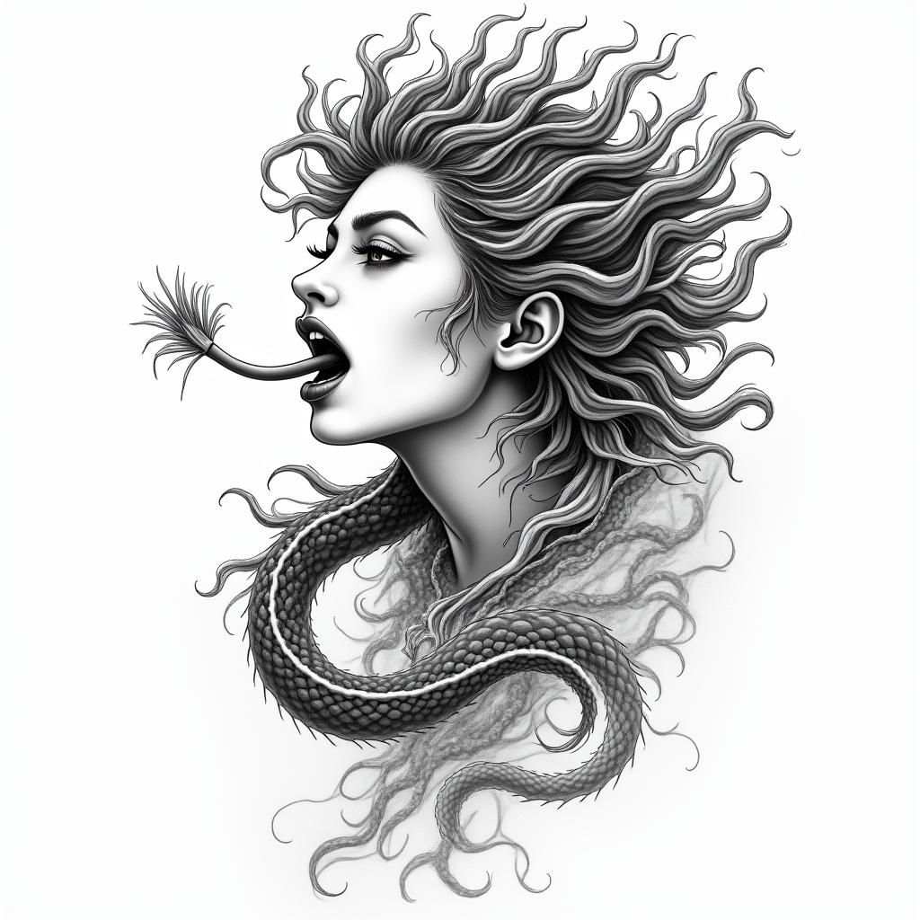 A goddess turning into medusa with tongue outin japanese style tattoo, detailed tattoo, traditional japanese culture tattoo, mythology, 8k - Variation 2