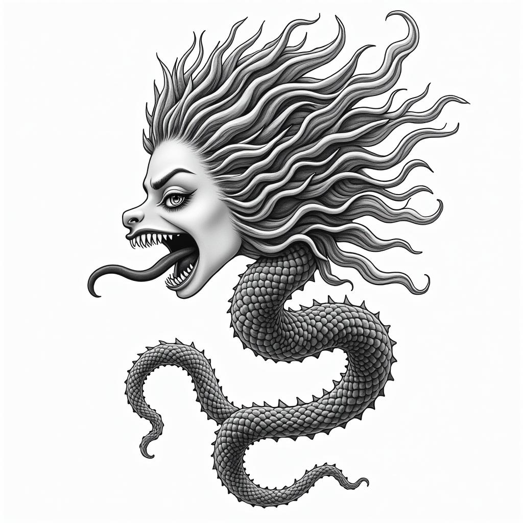 A goddess turning into medusa with tongue outin japanese style tattoo, detailed tattoo, traditional japanese culture tattoo, mythology, 8k - Variation 3