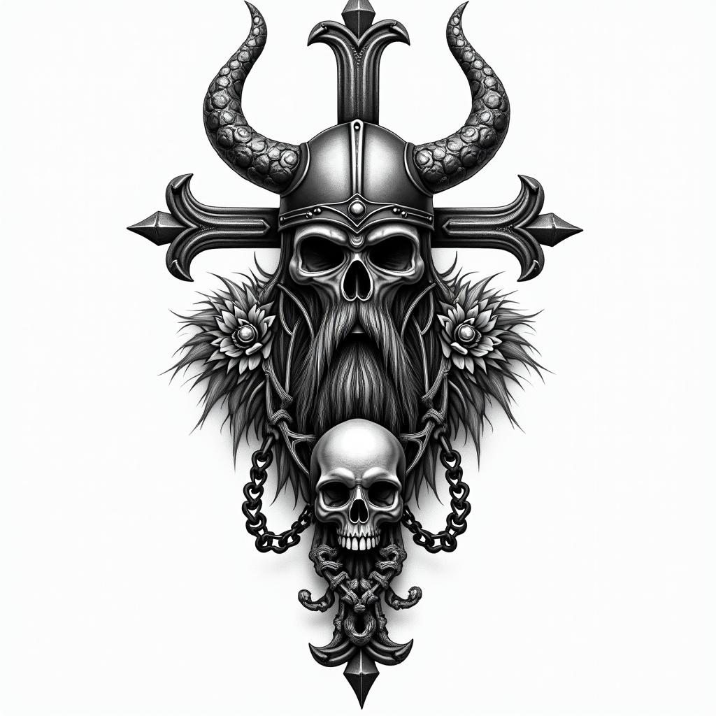 Fierce Viking with intricate helmet designin chicano style tattoo, featuring intricate black and grey shading, bold elements of traditional chicano culture symbols, add a big cross with skull, chains and roses