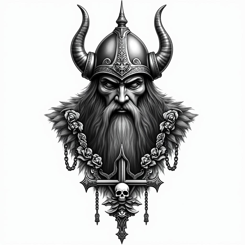Fierce Viking with intricate helmet designin chicano style tattoo, featuring intricate black and grey shading, bold elements of traditional chicano culture symbols, add a big cross with skull, chains and roses - Variation 4