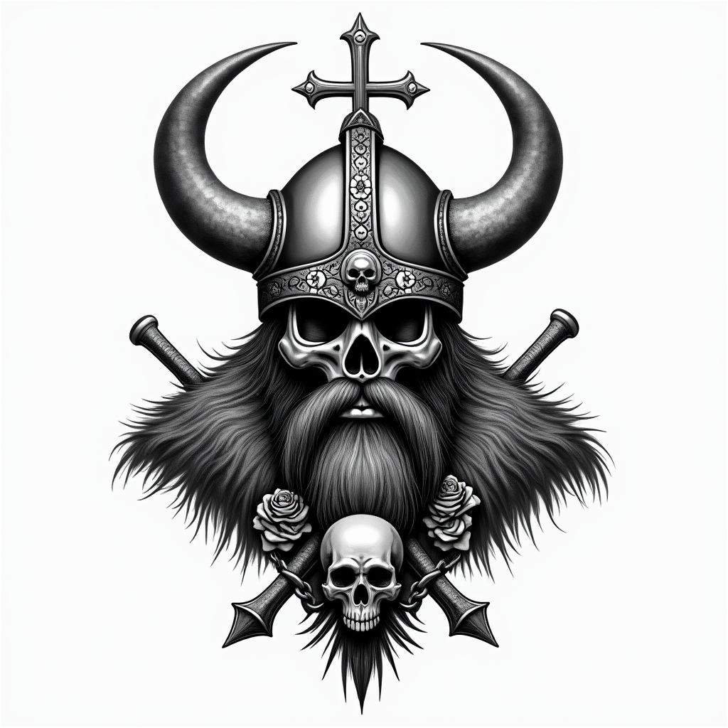 Fierce Viking with intricate helmet designin chicano style tattoo, featuring intricate black and grey shading, bold elements of traditional chicano culture symbols, add a big cross with skull, chains and roses - Variation 3