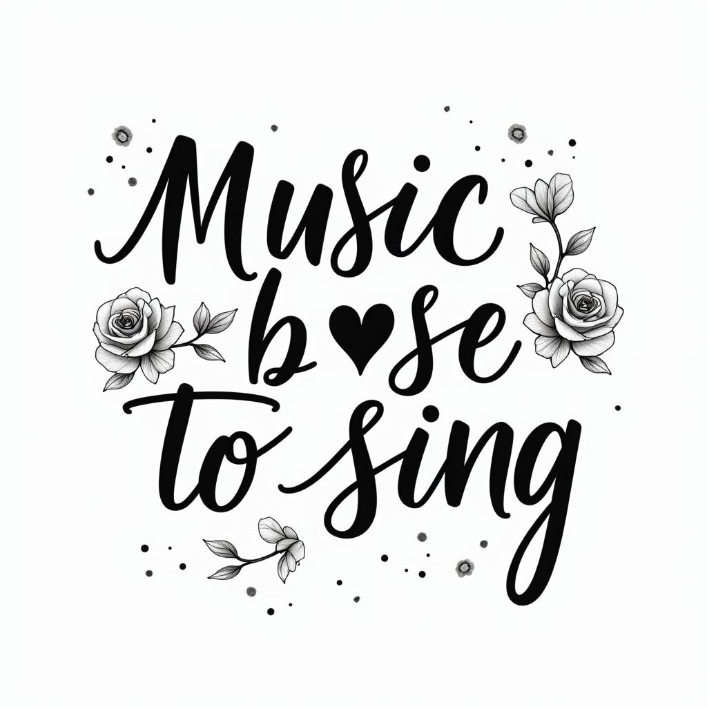Music note because I singin elegant cursive calligraphy style 2d tattoo, decorate with roses, featuring a smooth and flowing handwritten script with slightly thickened strokes for a luxurious and bold appearance, heart symbol between names, sleek and glossy black text with shadowing, minimalist matte white background, clean and sharp edges, illuminated with soft lighting, romantic, 8k, high-quality textures with refined typography - Variation 2