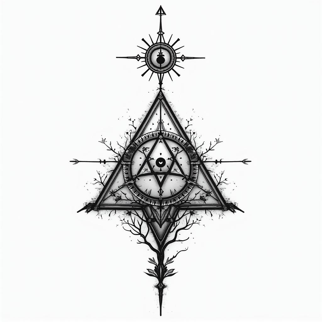 Compass mountains and tree clave tattooin spiritual symbols tattoo style, featuring an intricate design incorporating elements, Hamsa hand, third eye, minimalist composition - Variation 4