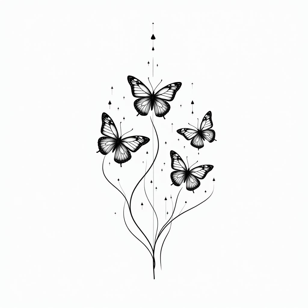 Four butterflies with curvy lines in the backgroundin minimalist style tattoo, featuring simple shapes and fine lines, with minimal shading and details, tiny triangles, creating a sense of balance and harmony
