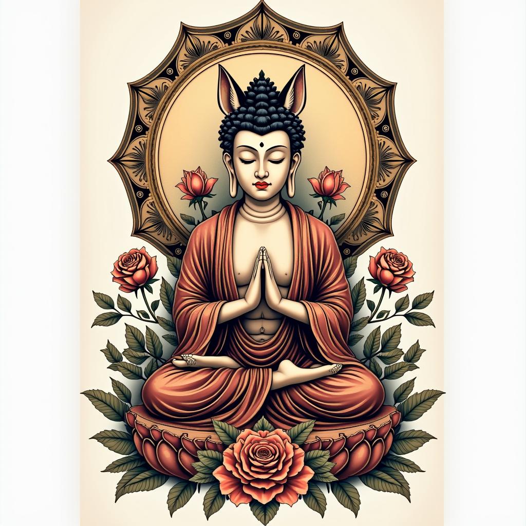 During his meditation, Buddha is protected by a kitsune.in victorian style tattoo, featuring vintage and elegant elements, ornate frames, roses, antique, sepia-toned color scheme