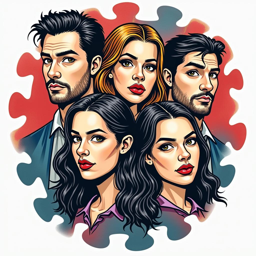 Puzzle tattoo that represents 4 siblings, three men and one woman.in pop art style tattoo, featuring bold and vibrant colors, exaggerated outlines, iconic imagery, inspired by comic books and speech bubbles, comic book characters, retro pop culture - Variation 4