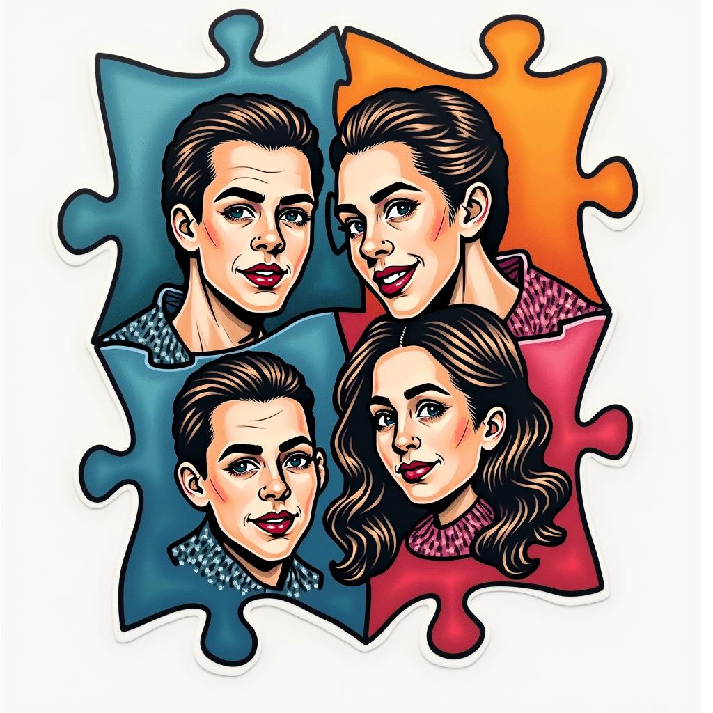 Puzzle tattoo that represents 4 siblings, three men and one woman.in pop art style tattoo, featuring bold and vibrant colors, exaggerated outlines, iconic imagery, inspired by comic books and speech bubbles, comic book characters, retro pop culture - Variation 3