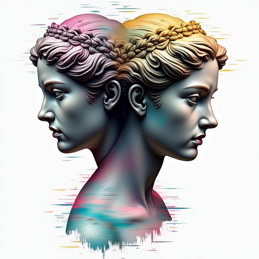 Denise, twins, 21.05.1991, Bielefeldin distorted and fragmented tattoo design, featuring a classical statue bust, in a glitch art style with vibrant, overlapping colors of cyan, magenta, and yellow, creating a digital distortion effect - Variation 4