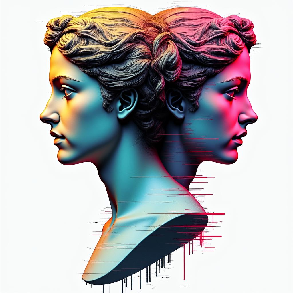 Denise, twins, 21.05.1991, Bielefeldin distorted and fragmented tattoo design, featuring a classical statue bust, in a glitch art style with vibrant, overlapping colors of cyan, magenta, and yellow, creating a digital distortion effect