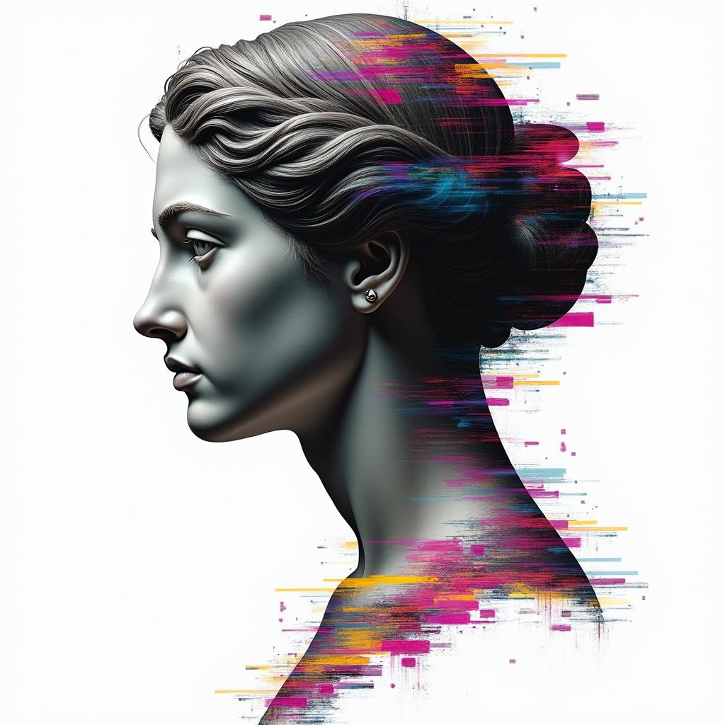 Denise, twins, 21.05.1991, Bielefeldin distorted and fragmented tattoo design, featuring a classical statue bust, in a glitch art style with vibrant, overlapping colors of cyan, magenta, and yellow, creating a digital distortion effect - Variation 2