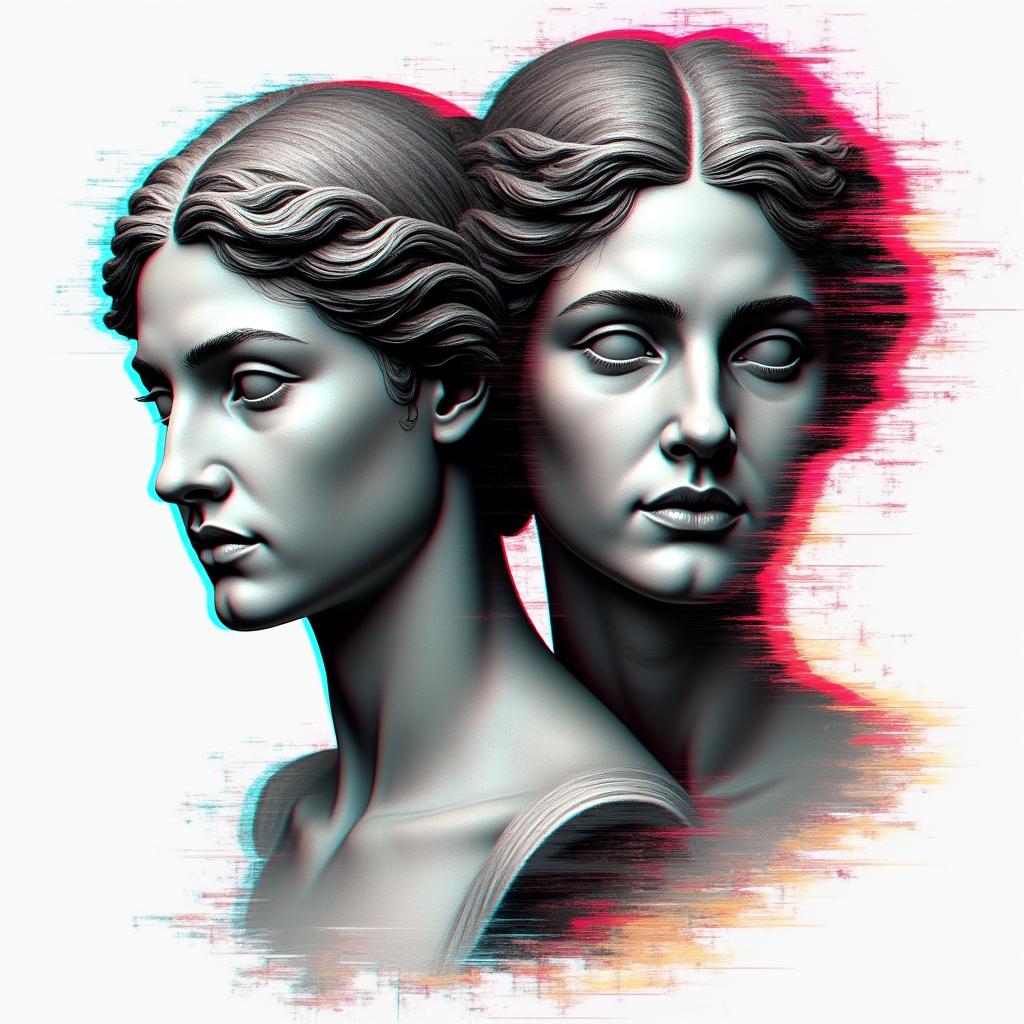 Denise, twins, 21.05.1991, Bielefeldin distorted and fragmented tattoo design, featuring a classical statue bust, in a glitch art style with vibrant, overlapping colors of cyan, magenta, and yellow, creating a digital distortion effect - Variation 3