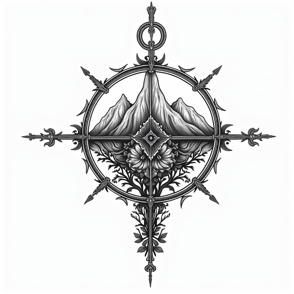 Compass mountains and tree clave tattooin ornamental tattoo style, featuring intricate symmetrical patterns and floral designs, showcasing highly detailed line work and geometric shapes, creating a sense of elegance and balance - Variation 4